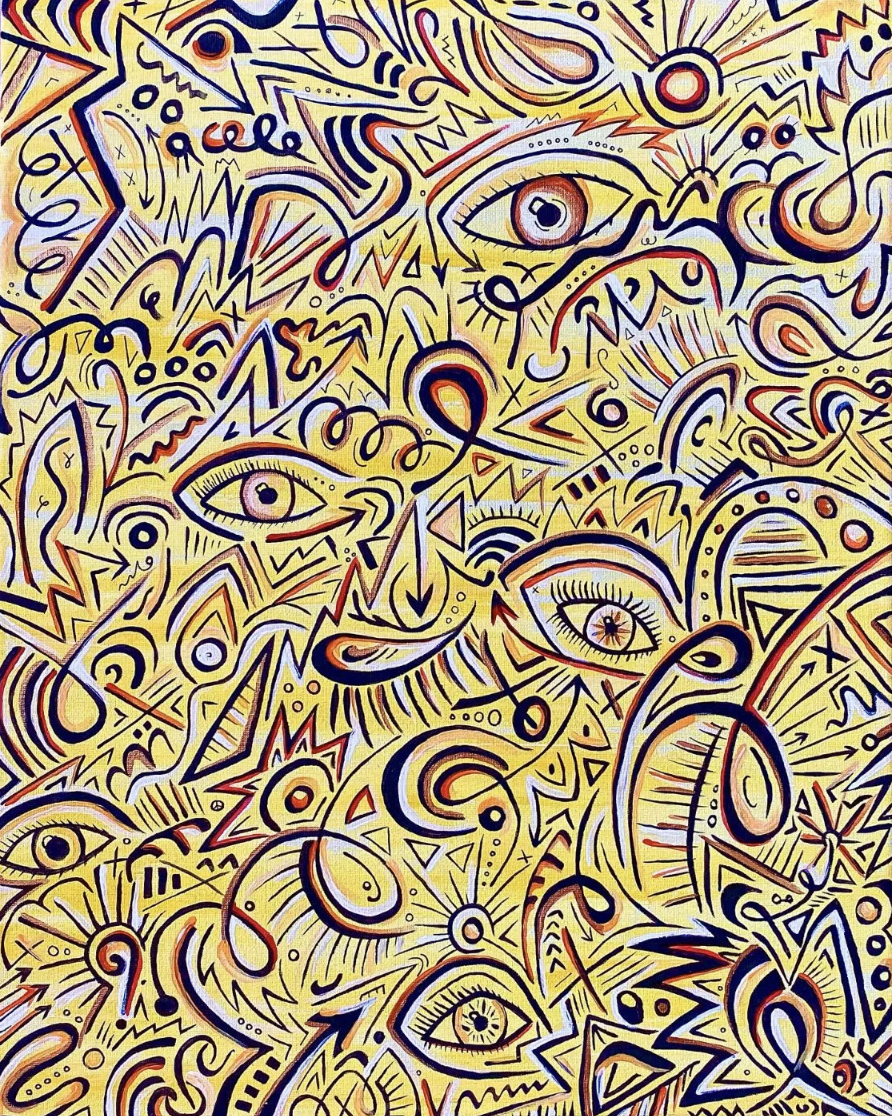 Painting of many eyes in yellow, orange and black